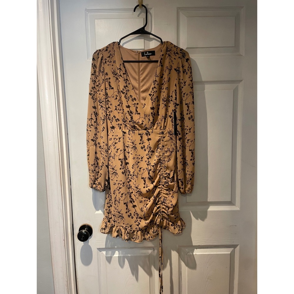 Lulus Tan Black Floral Long Sleeve Ruched Ruffle Mini Dress Small NWT